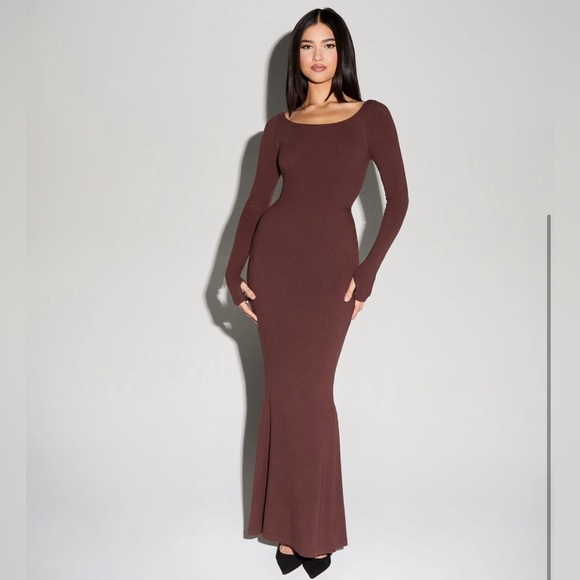 TA3 Brown Scoopy Long Sleeve Dress - Picture 3 of 5